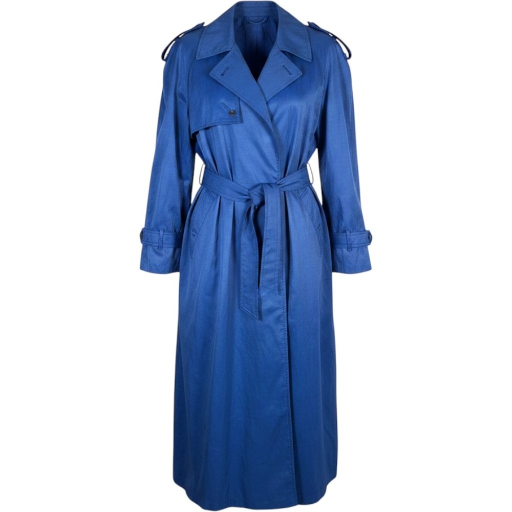 London Fog Vintage Royal Blue Trench Coat Belted Duster Puff Shoulder Size 8 Reg